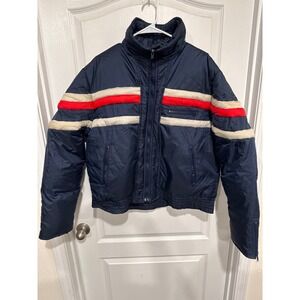 Vintage 80s JCPenney Ski Apparel Puffer Jacket XL Navy Blue Red White Striped